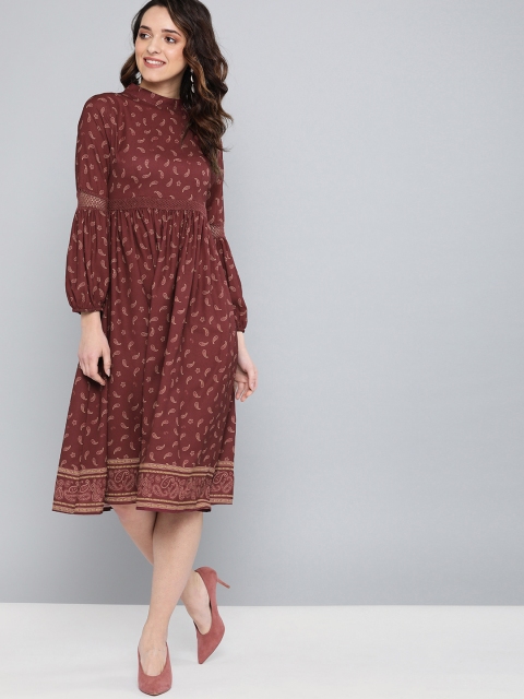 

HERE&NOW Women Maroon & Mustard Printed Fit and Flare Dress