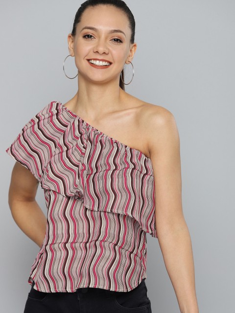 

HERE&NOW Women White & Pink Striped One Shoulder Top
