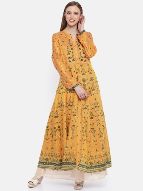 

Global Desi Women Mustard Yellow & Green Printed A-Line Layered Kurta