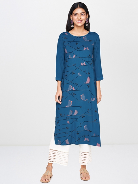 

Global Desi Women Teal Blue & Pink Quirky Print A-Line Kurta
