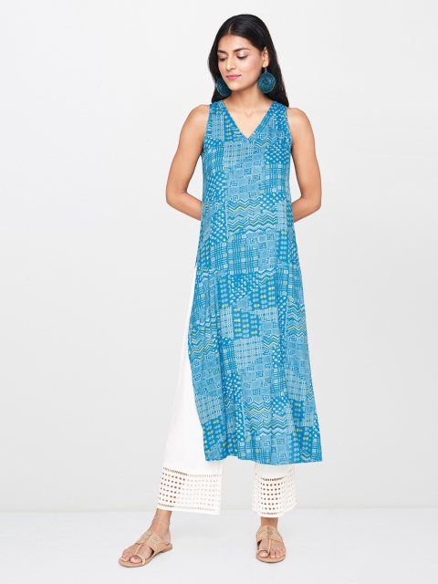 

Global Desi Women Blue & Grey Printed A-Line Kurta