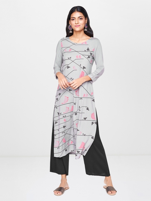 

Global Desi Women Grey Quirky Print Straight Kurta