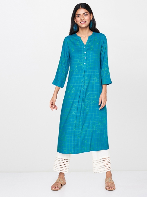 

Global Desi Women Teal Blue & Green Checked A-Line Kurta