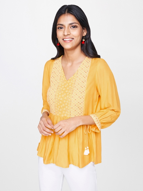 

Global Desi Women Mustard Yellow & White Printed Cinched Waist Top