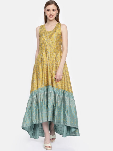 

Global Desi Women Yellow & Teal Green Foil Printed Fit and Flare Dress