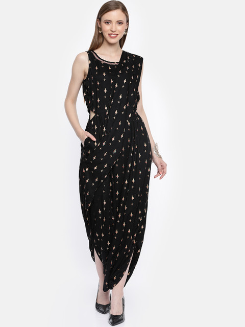

Global Desi Women Black & Gold-Toned Foil Printed Basic Jumpsuit With Attached Dupatta