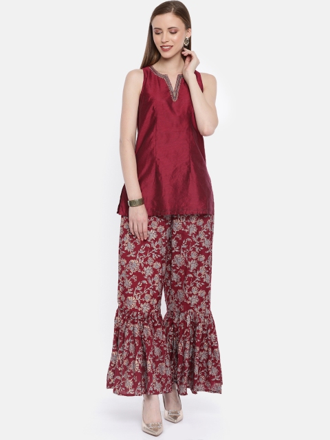 

Global Desi Women Maroon & Grey Yoke Design Kurti with Sharara