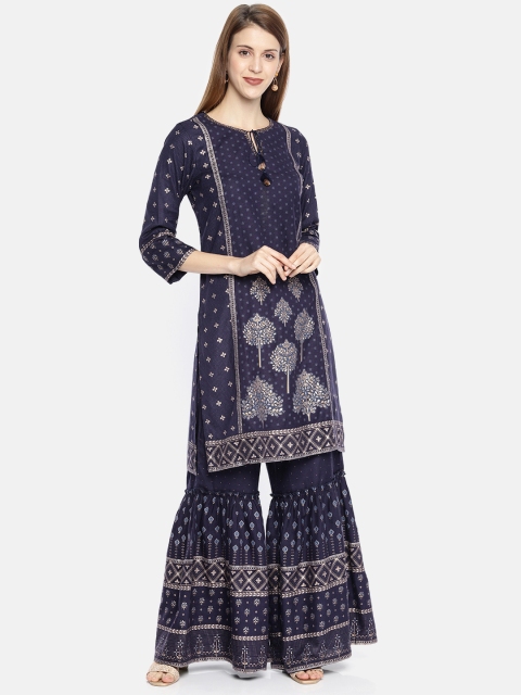 

Global Desi Women Navy Blue & Gold-Toned Foil Printed Kurta with Sharara