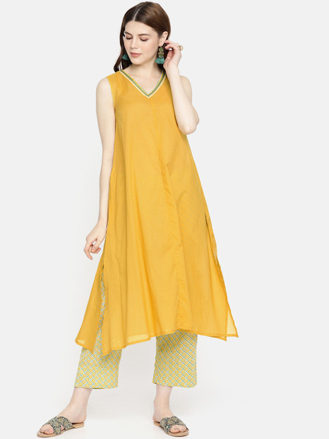 

Global Desi Women Mustard Yellow & White Solid Kurta with Trousers