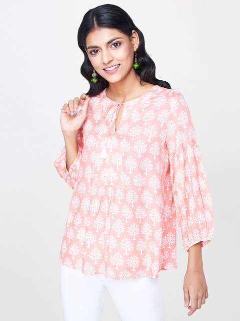 

Global Desi Women Peach-Coloured & White Printed Top
