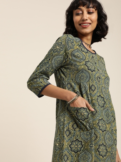 

Taavi Women Green & Navy Blue Ajrakh Hand Block Print Straight Sustainable Pure Cotton Kurti with Insert Pocket