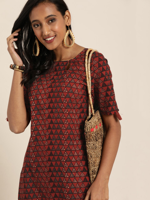 

Taavi Women Maroon & Black Ajrakh Hand Block Print Sustainable Straight Kurta with Button Closure