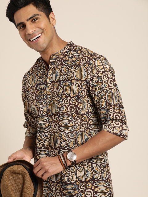 

Taavi Men Brown & Beige Kalamkari Block Printed Sustainable Straight Kurta with Roll-Up Sleeves