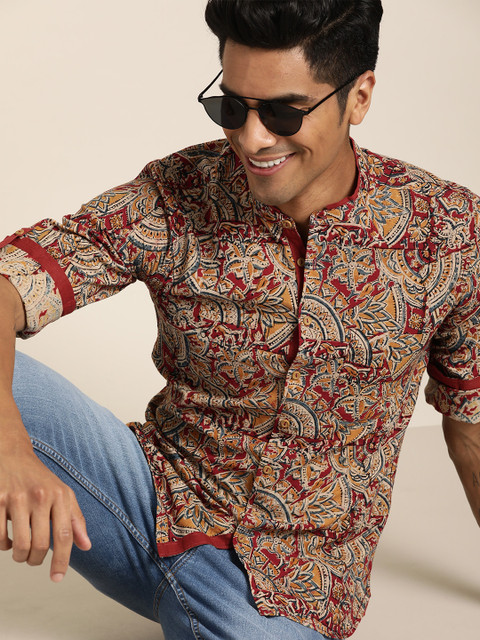 

Taavi Men Rust Red & Mustard Yellow Kalamkari Block Printed Sustainable Shirt with Roll-Up Sleeves