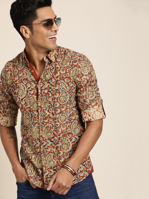 

Taavi Men Rust Red & Beige Kalamkari Block Printed Regular Fit Sustainable Shirt with Roll-Up Sleeves