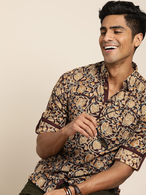 

Taavi Men Brown & Beige Kalamkari Block Printed Sustainable Shirt with Roll-Up Sleeves