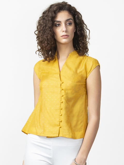 

Fabindia Women Mustard Yellow & Golden Handblock Print Shirt Style Top