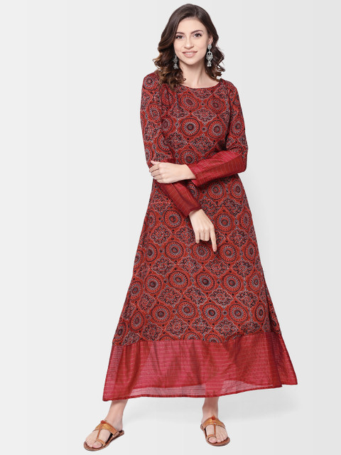 

Fabindia Women Maroon & Black Ajrak Printed Maxi Dress