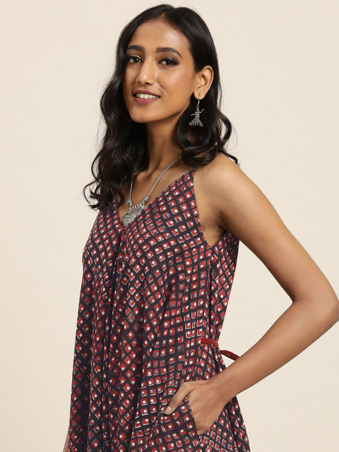 

Taavi Women Rust Brown & Beige Bagru Hand Block Print Basic Sustainable Jumpsuit with Gathers