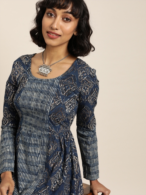 

Taavi Women Navy Blue & Beige Bagru Hand Block Print A-Line Sustainable Dress With Styled Back