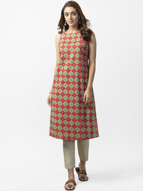 

Fabindia Women Red & Green Printed Slim Fit Straight Kurta