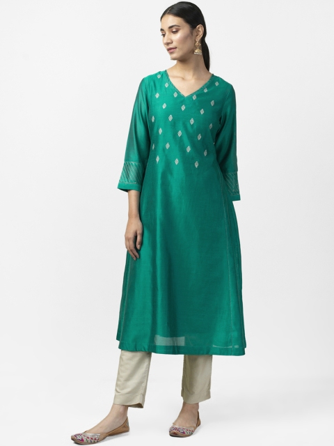 

Fabindia Women Green & Golden Embroidered Slim Fit A-Line Kurta