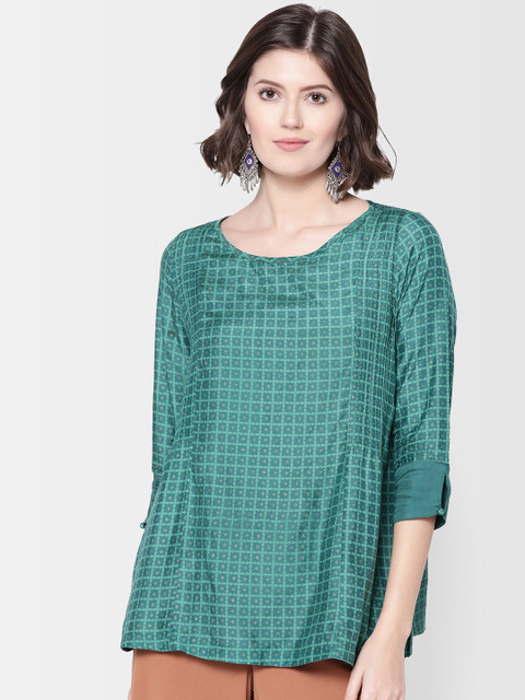 

Fabindia Green & Golden Printed A-Line Kurti