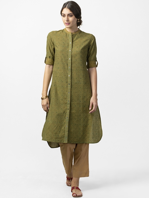 

Fabindia Women Green Slim Fit Hand block Print Straight Kurta