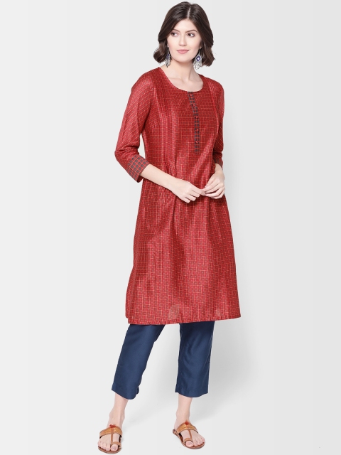 

Fabindia Women Red & Golden Slim Fit Checked Straight Kurta