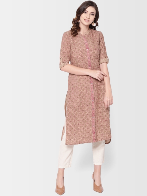 

Fabindia Women Beige & Pink Slim Fit Handblock Print Straight Kurta