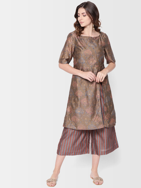 

Fabindia Women Taupe & Blue Handblock Print Kurta with Palazzos