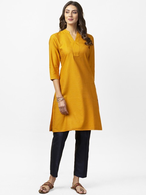 

Fabindia Women Mustard Yellow Self-Striped Straight Kurta