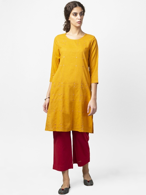 

Fabindia Women Mustard Yellow Hand-Embroidered Checked Straight Kurta