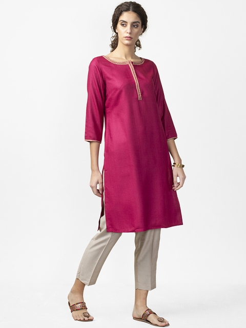 

Fabindia Women Magenta Woven Design Straight Kurta