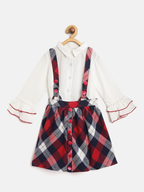 

Nauti Nati Girls White & Red Solid Shirt & Checked Skirt with Suspenders
