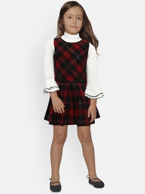 

Nauti Nati Girls Red & Black Checked Fit And Flare Dress with Embellished Detail