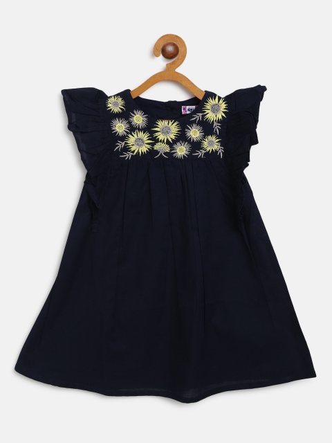 

Nauti Nati Girls Navy Blue Solid A-Line Dress with Embroidered Detail