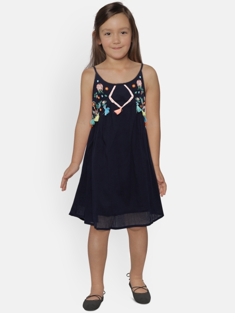 

Nauti Nati Girls Navy Blue Solid A-Line Dress with Embroidered Detail