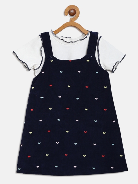 

Nauti Nati Girls Navy Blue Corduroy Heart Embroidered Pinafore Dress with Top