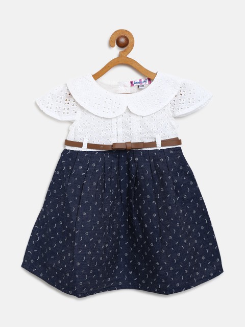 

Nauti Nati Girls Navy Blue Printed Fit & Flare Dress with Schiffli Embroidered Detail
