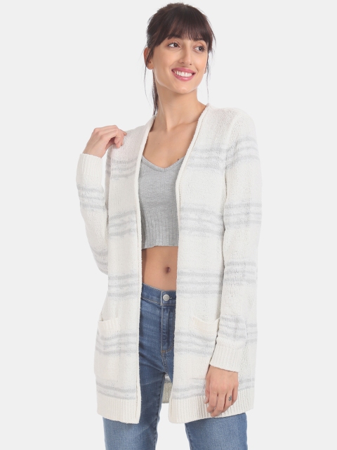 

GAP Women Off-White & Grey Striped Front-Open Sweater