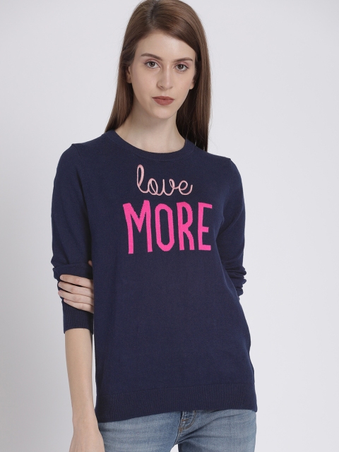 

GAP Women Navy Blue Woven-Design Embroidered Sweater