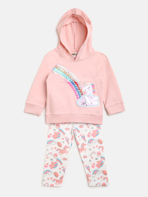 

Nauti Nati Girls Peach-Coloured & White Applique Sweatshirt with Pyjamas