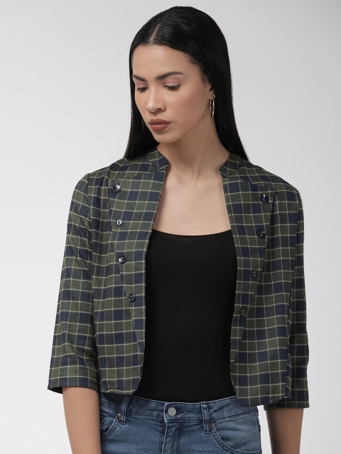 

Style Quotient Women Olive Green & Navy Blue Checked Lightweight Tailored Jacket