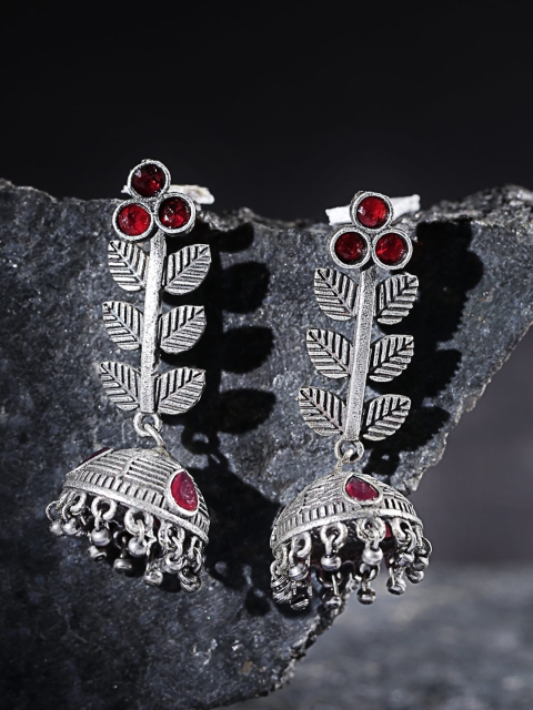 

Infuzze Maroon Oxidised Silver-Plated Textured Dome Shaped Jhumkas