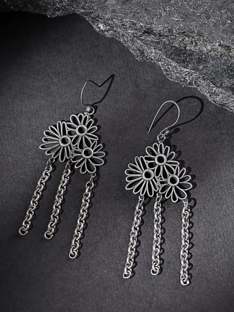 

Infuzze Oxidised Silver-Plated Textured Floral Drop Earrings
