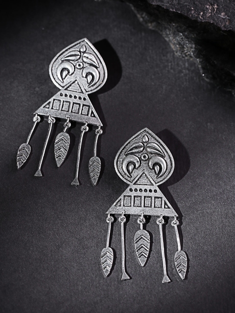 

Infuzze Oxidised Silver-Plated Textured Geometric Drop Earrings