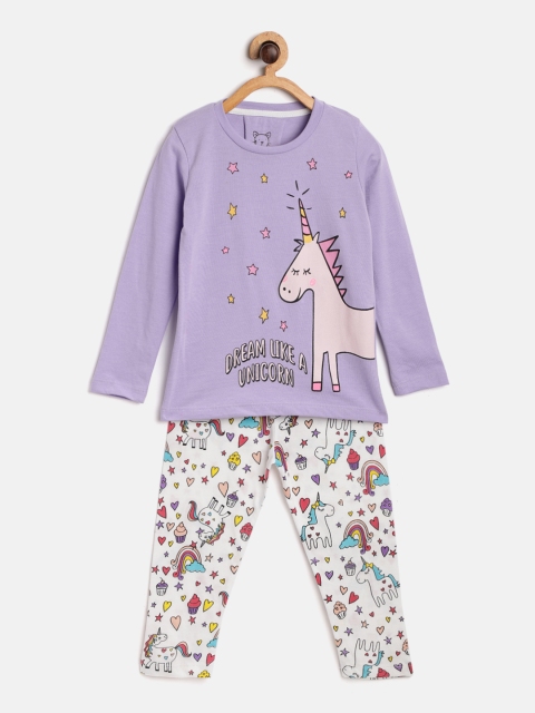 

Lazy Shark Girls Lavender & White Printed Night suit
