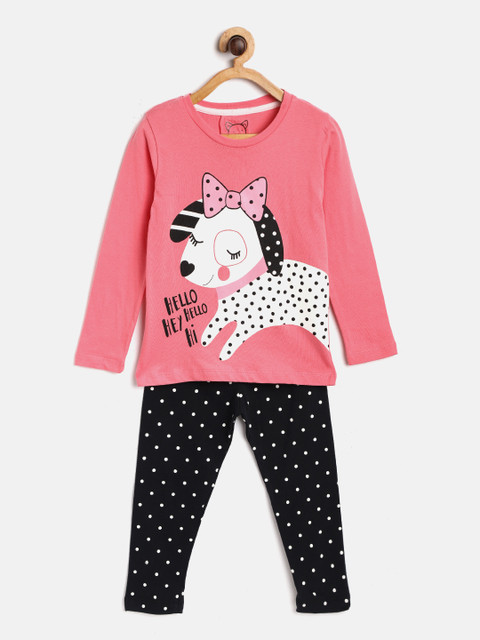 

Lazy Shark Girls Pink & Black Printed Night suit