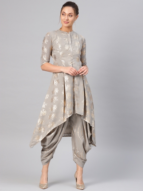 

Libas Women Grey & Golden Block Print Kurta with Dhoti Pants